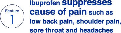 Feature 1 Ibuprofen suppressescause of pain such as low back pain, shoulder pain, sore throat and headaches