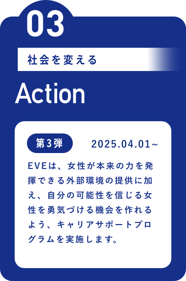 EVEは、女性が本来の力を発揮できる外部環境の提供に加え、自分の可能性を信じる女性を勇気づける機会を作れるよう、キャリアサポートプログラムを実施します。