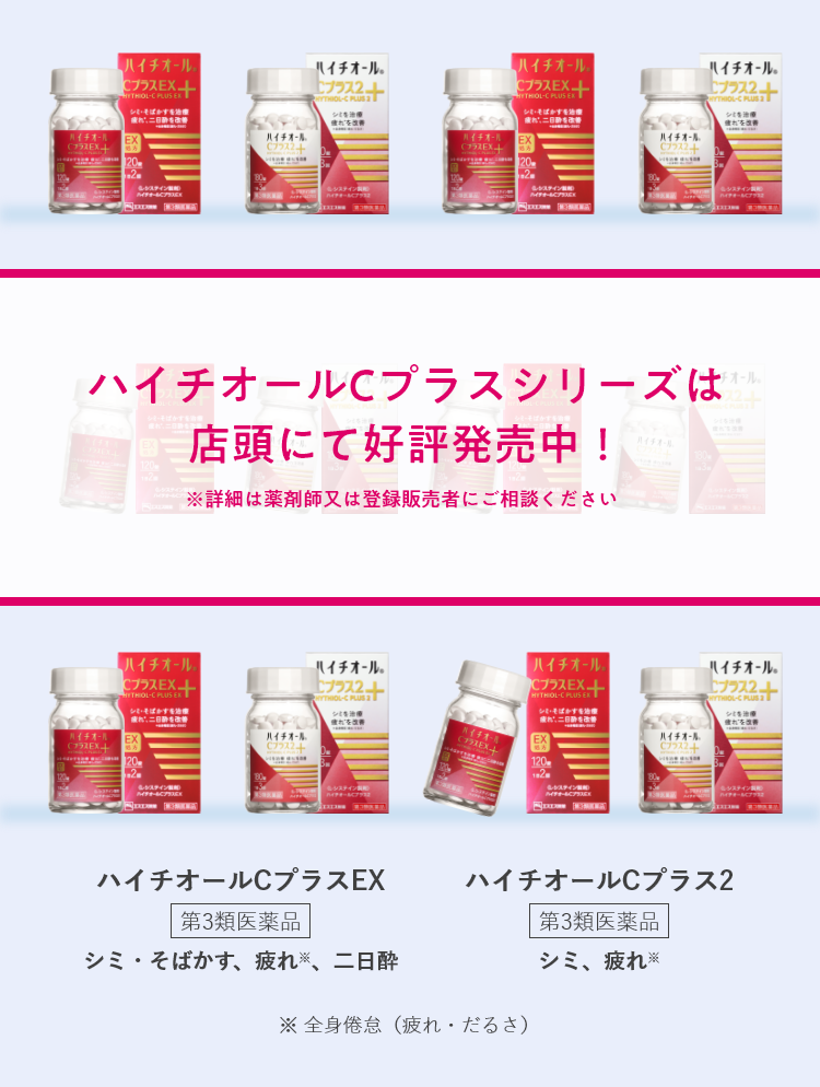 ハイチオールCプラスシリーズは店頭にて好評発売中！ ※詳細は薬剤師又は登録販売者にご相談ください ハイチオールCプラスEX 第3類医薬品 シミ・そばかす、疲れ※、二日酔 ハイチオールCプラス2 第3類医薬品 シミ、疲れ※ ※ 全身倦怠（疲れ・だるさ）