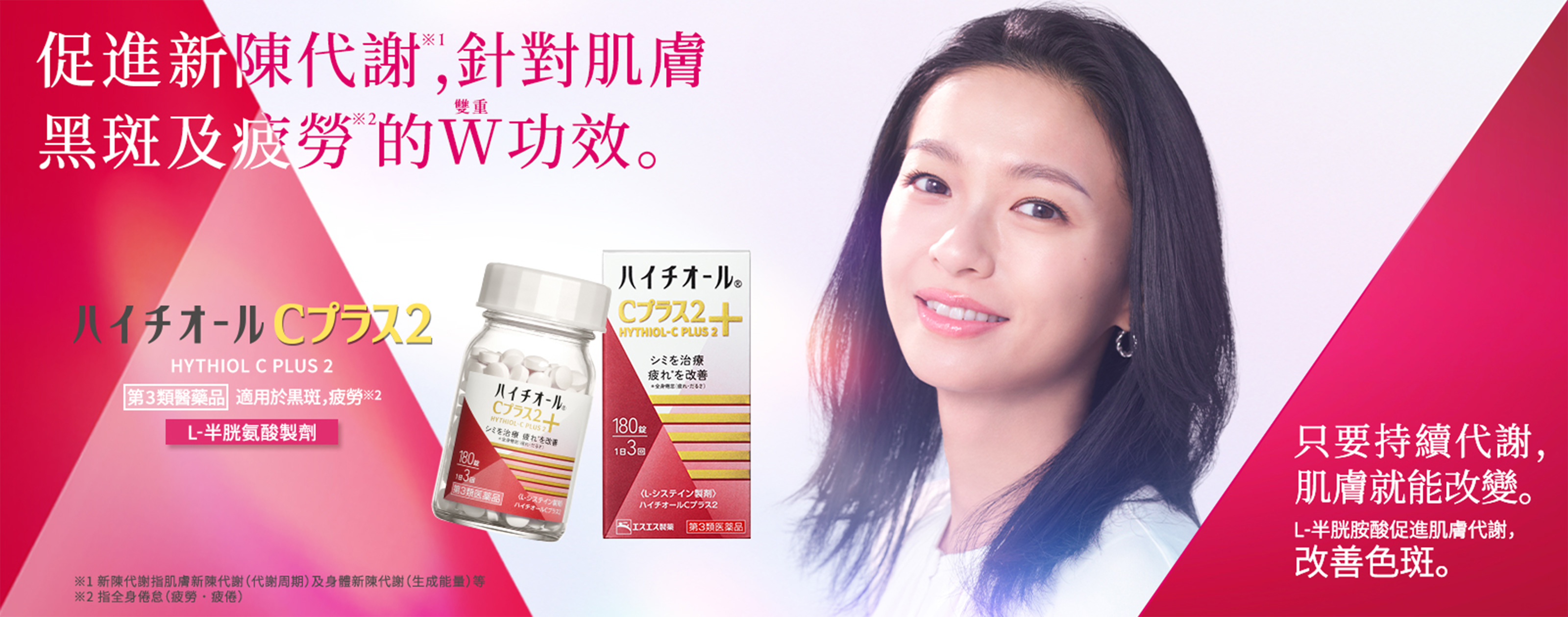 只要持續代謝，肌膚就能改變。 L-半胱胺酸促進肌膚代謝，改善色斑。 促進新陳代謝※1，針對肌膚黑斑及疲勞※2的W（雙重）功效。 HYTHIOL C PLUS 2 第3類醫藥品 適用於黒斑，疲勞※2 L-半胱氨酸製劑 ※1新陳代謝指肌膚新陳代謝（代謝周期）及身體新陳代謝（生成能量）等 ※2 指全身倦怠（疲勞・疲倦）
