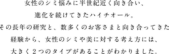 女性のシミ悩みに半世紀近く向き合い、進化を続けてきたハイチオール。
										その長年の研究と、数多くのお客さまと向き合ってきた経験から、女性のシミや美に対する考え方には、大きく2つのタイプがあることがわかりました。