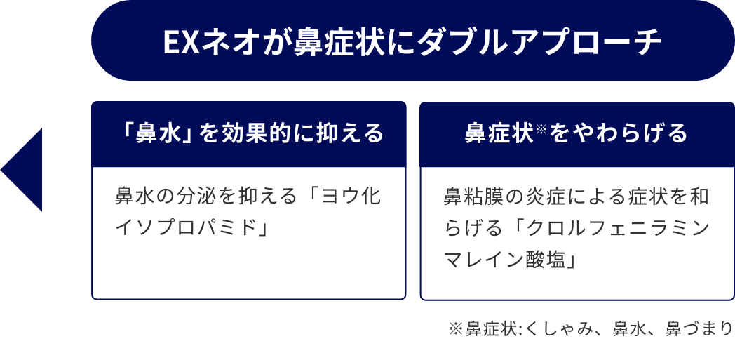 EXネオが鼻症状にダブルアプローチ　鼻水を効果的に抑える：鼻水の分泌を抑える「ヨウ化イソプロパミド」　鼻症状※をやわらげる：鼻粘膜の炎症による症状を和らげる「クロルフェニラミンマレイン酸塩」　※鼻症状：くしゃみ、鼻水、鼻づまり