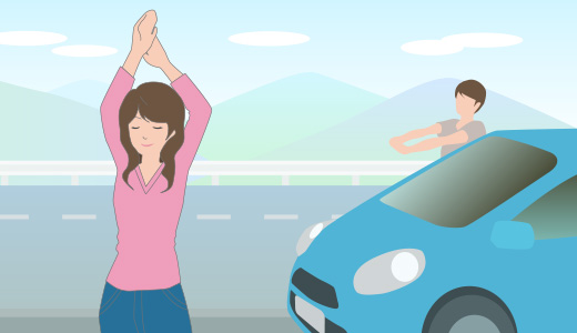 ドライブの途中で車を停めてストレッチをする人たちのイラスト