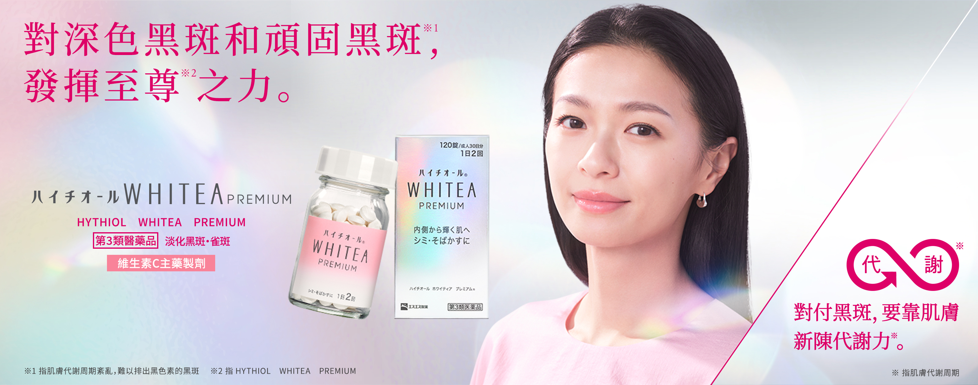 對付黑斑,要靠肌膚新陳代謝力※。 對深色黑斑和頑固黑斑※1,發揮至尊※2之力。※1 指肌膚代謝周期紊亂,難以排出黑色素的黑斑 ※2 指HYTHIOL WHITEA PREMIUM HYTHIOL WHITEA PREMIUM 第3類醫藥品 淡化黑斑・雀斑 維生素C主藥製劑 ※ 指肌膚代謝周期